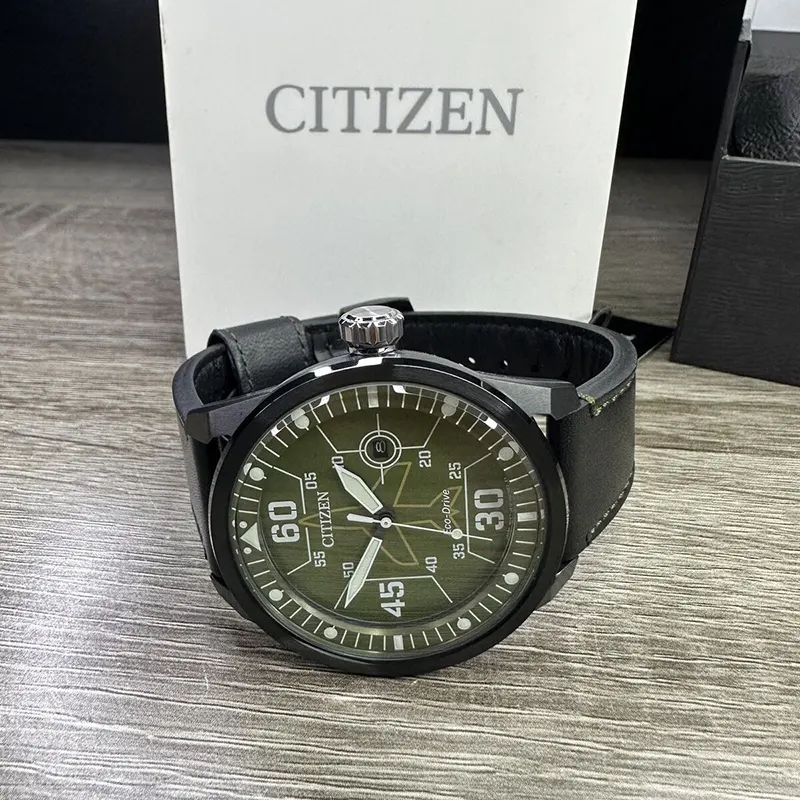 Citizen Avion Eco-Drive Green Dial Leather Men's Watch- AW1735-03X
